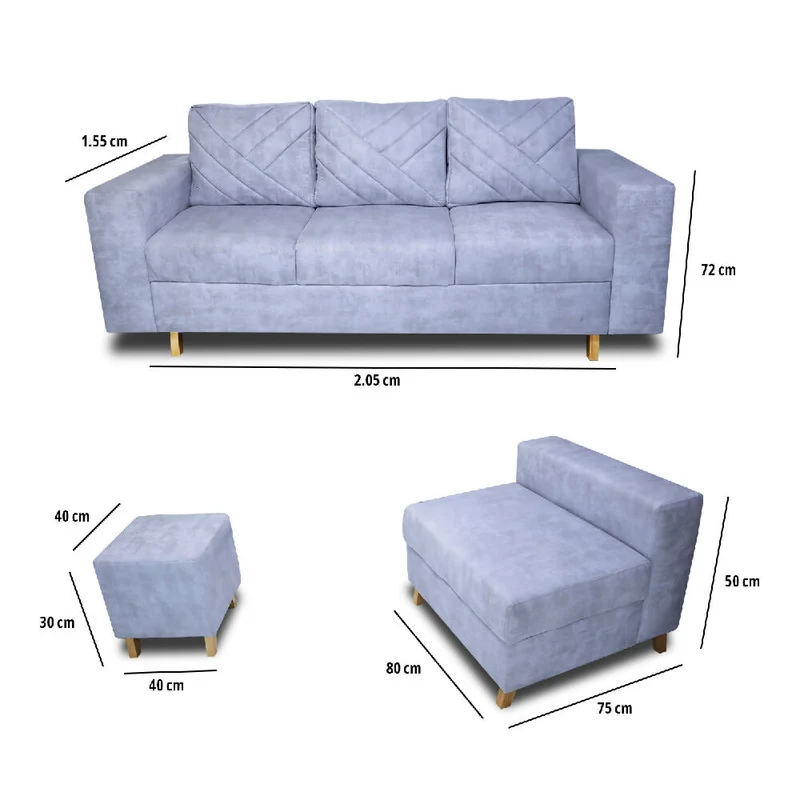 Sala Ámsterdam + Silla + Puff en Tela Amigable con Mascotas 205X72X155 cm Hielo