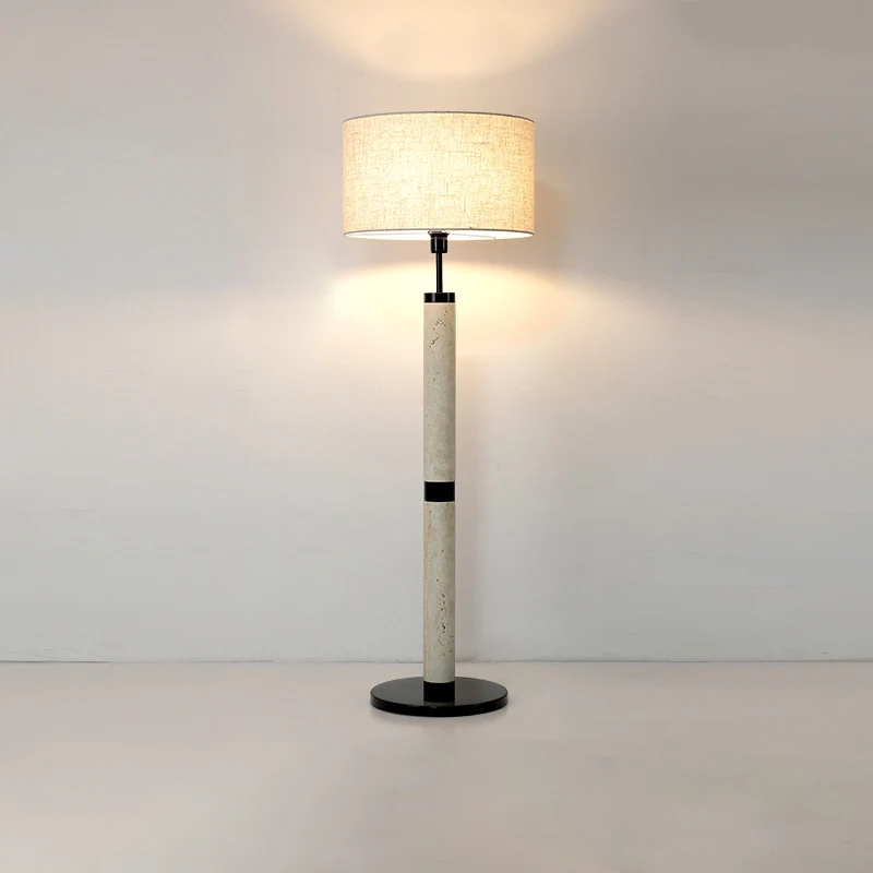 Traditional Japanese Round Cylindrical Yellow Travertine Fabric 1-Light Standing Floor Lamp For Living Room