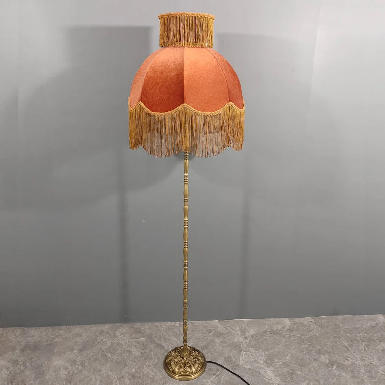 Traditional Vintage Cylinder Semicircle Tassel Fabric Copper 1-Light Standing Floor Lamp For Living Room