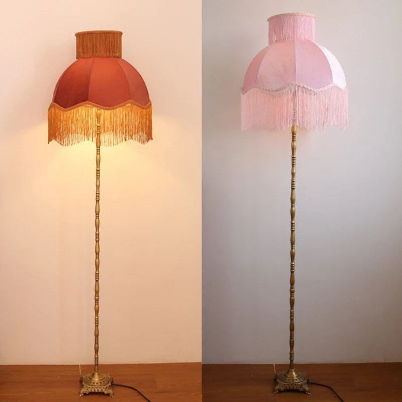 Traditional Vintage Cylinder Semicircle Tassel Fabric Copper 1-Light Standing Floor Lamp For Living Room
