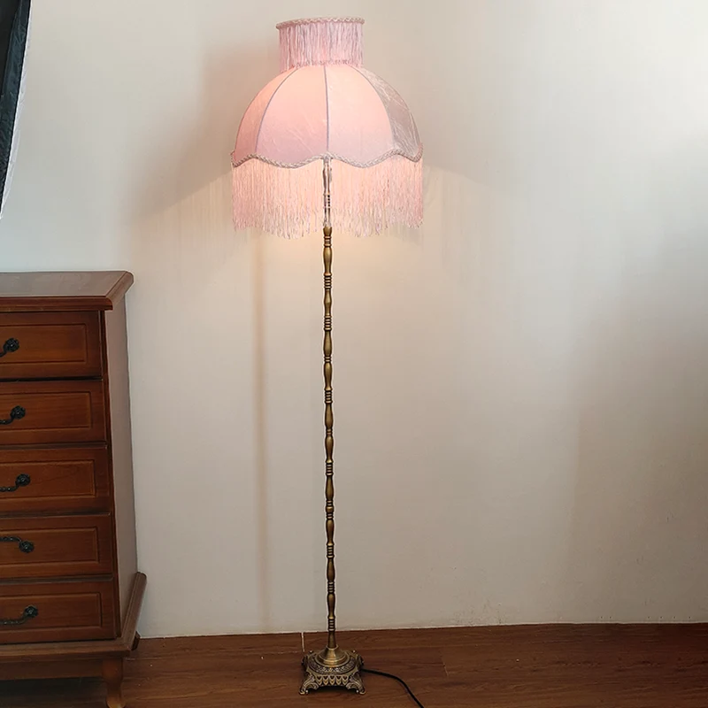 Traditional Vintage Cylinder Semicircle Tassel Fabric Copper 1-Light Standing Floor Lamp For Living Room