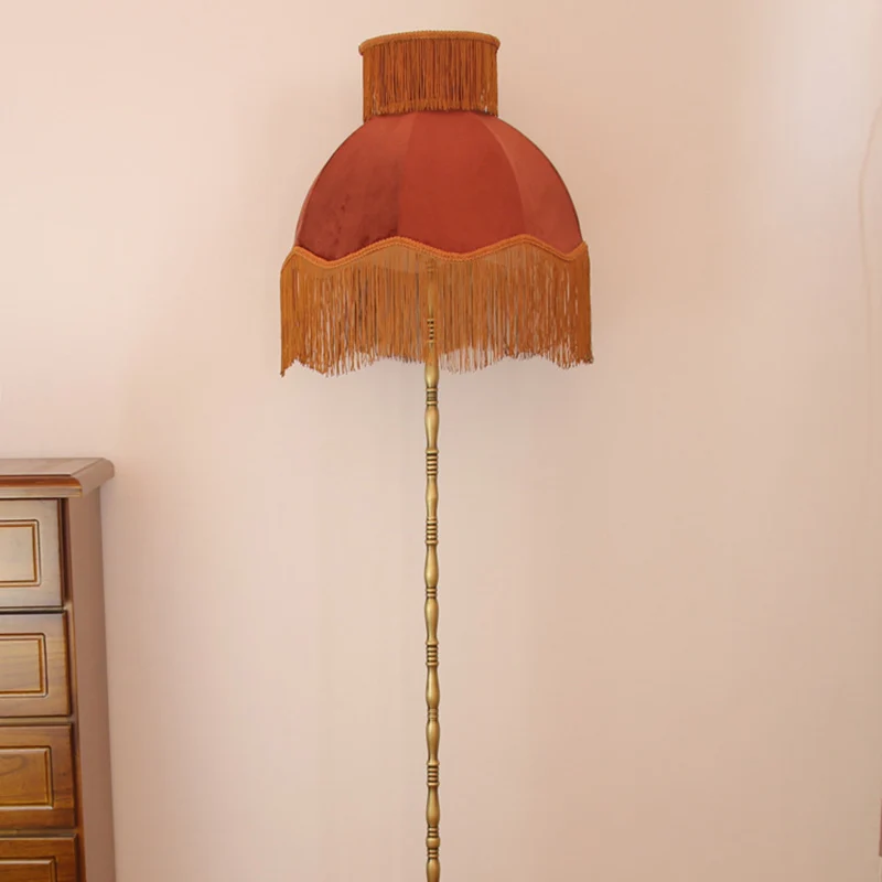 Traditional Vintage Cylinder Semicircle Tassel Fabric Copper 1-Light Standing Floor Lamp For Living Room