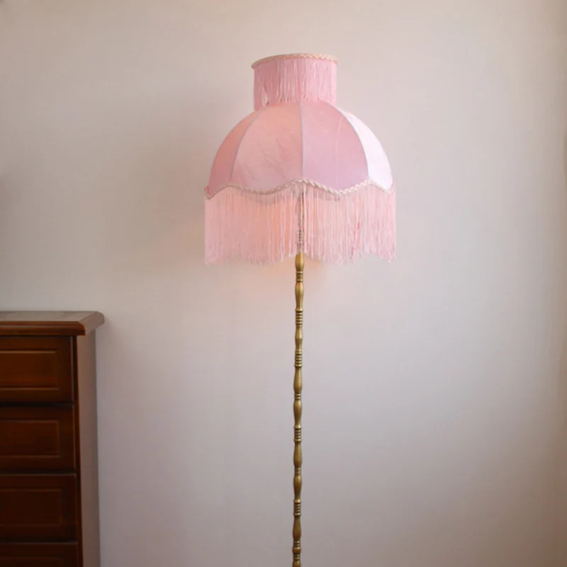 Traditional Vintage Cylinder Semicircle Tassel Fabric Copper 1-Light Standing Floor Lamp For Living Room