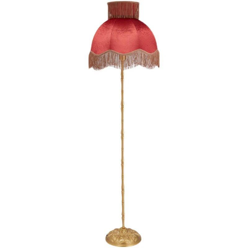 Traditional Vintage Cylinder Semicircle Tassel Fabric Copper 1-Light Standing Floor Lamp For Living Room