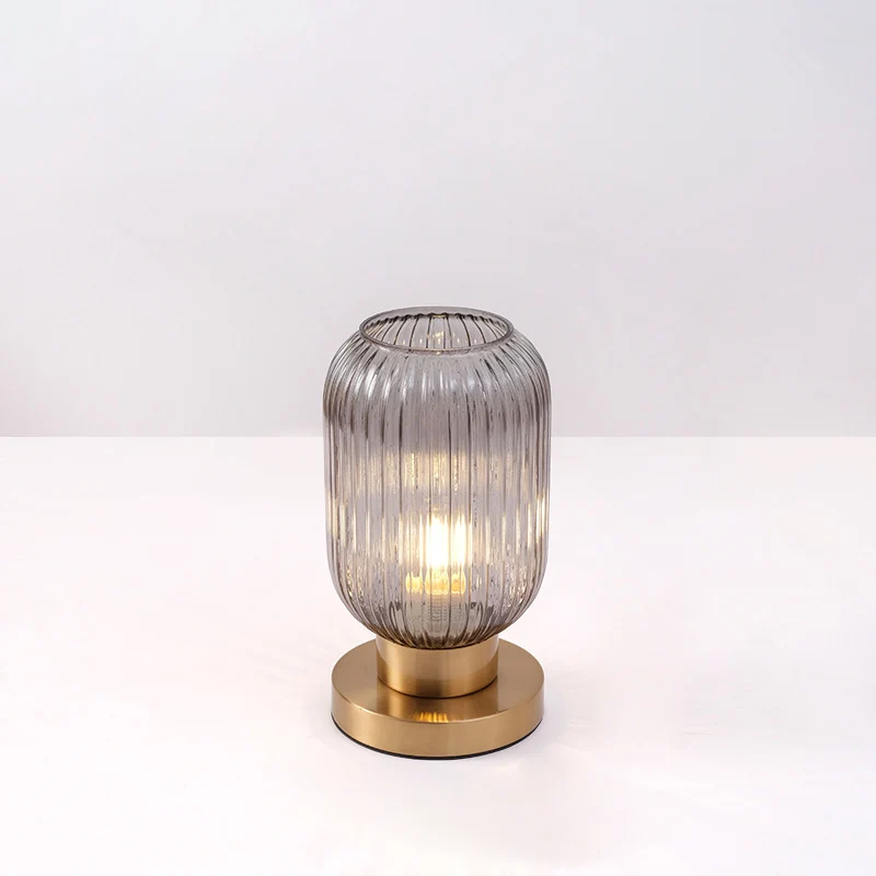 Contemporary Scandinavian Round Cylinder Striped Iron Glass 1-Light Table Lamp For Bedroom