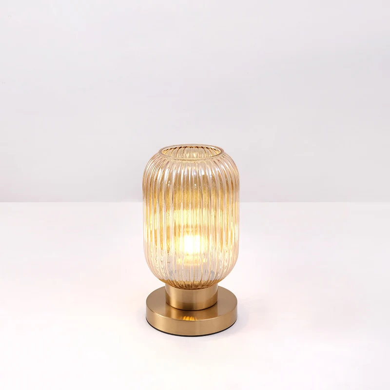 Contemporary Scandinavian Round Cylinder Striped Iron Glass 1-Light Table Lamp For Bedroom
