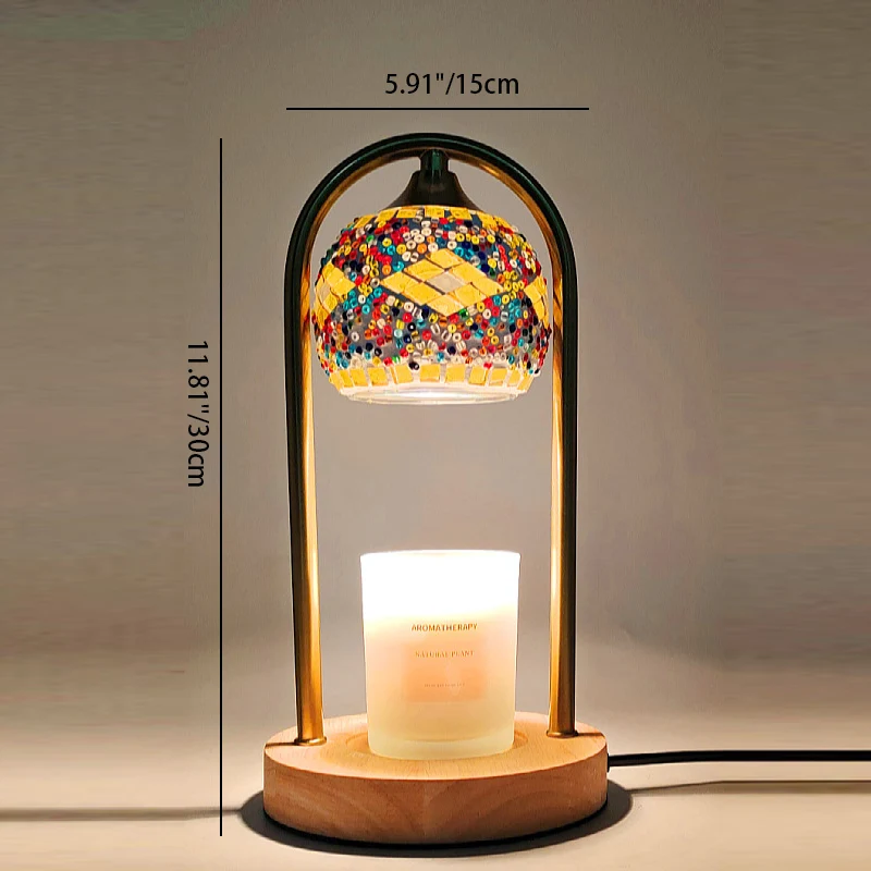 Traditional Vintage Spherical Dotted Rhombus Floral Square Round Base Iron Wood Glass 1-Light Melting Wax Table Lamp For Bedroom