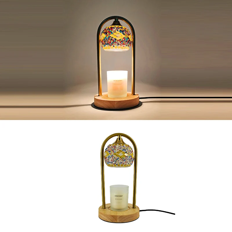Traditional Vintage Spherical Dotted Rhombus Floral Square Round Base Iron Wood Glass 1-Light Melting Wax Table Lamp For Bedroom