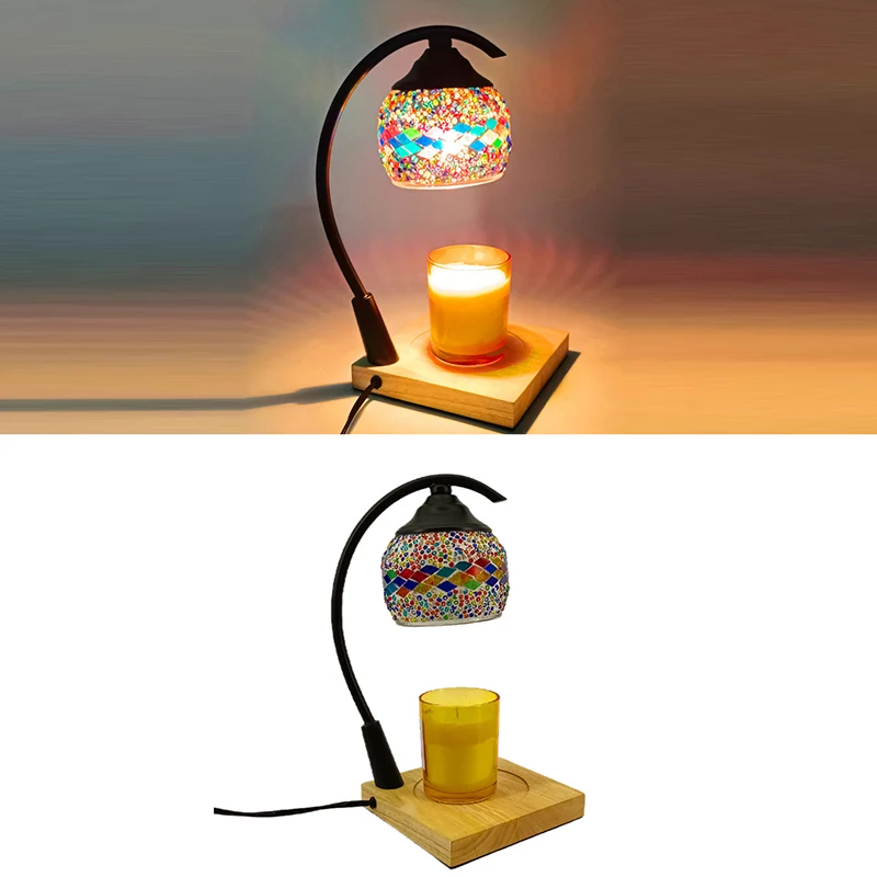 Traditional Vintage Spherical Dotted Rhombus Floral Square Round Base Iron Wood Glass 1-Light Melting Wax Table Lamp For Bedroom