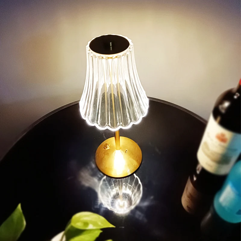 Traditional Vintage Round Striped Cylinder Semicircle Base Rechargeable Iron PS Plastic LED Table Lamp For Bedroom