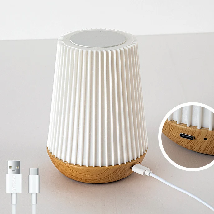 Modern Minimalist Round Table Striped Metal Wood Acrylic LED Table Lamp For Bedroom