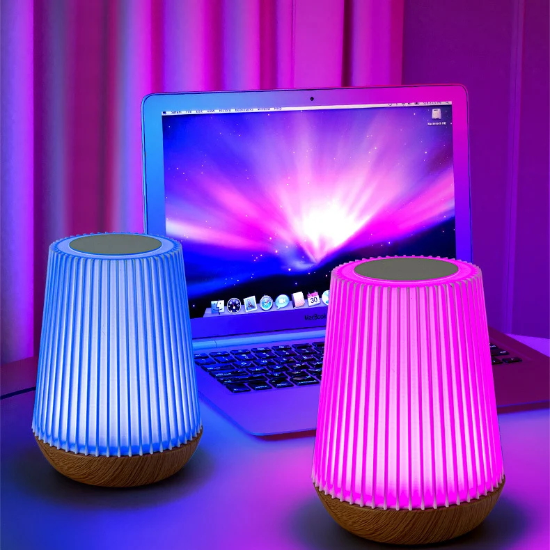 Modern Minimalist Round Table Striped Metal Wood Acrylic LED Table Lamp For Bedroom