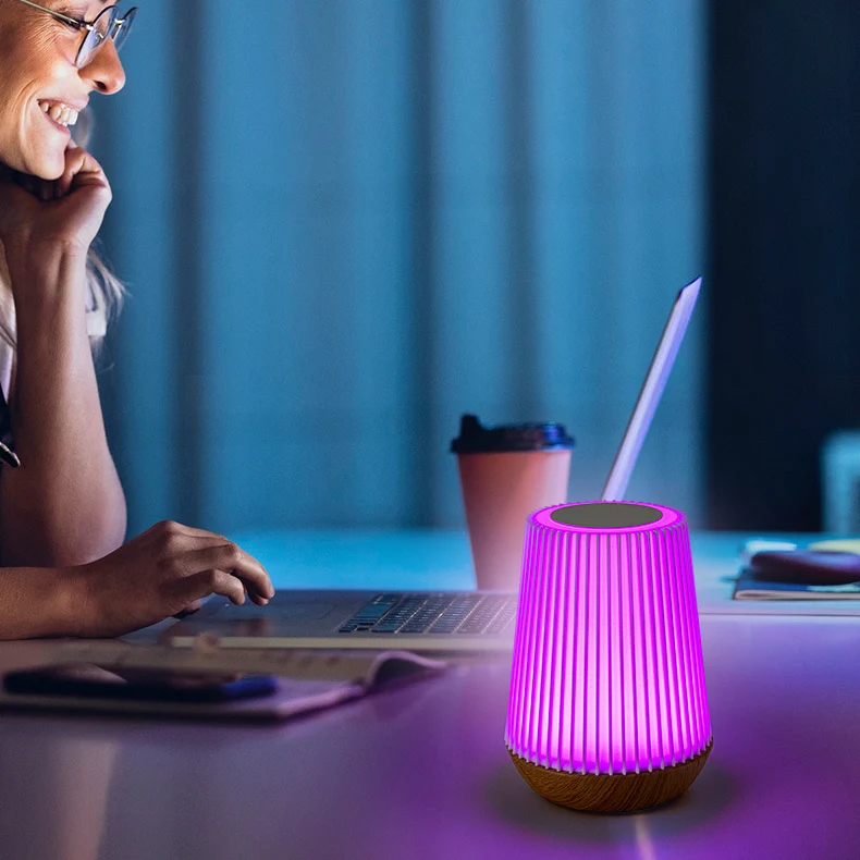 Modern Minimalist Round Table Striped Metal Wood Acrylic LED Table Lamp For Bedroom