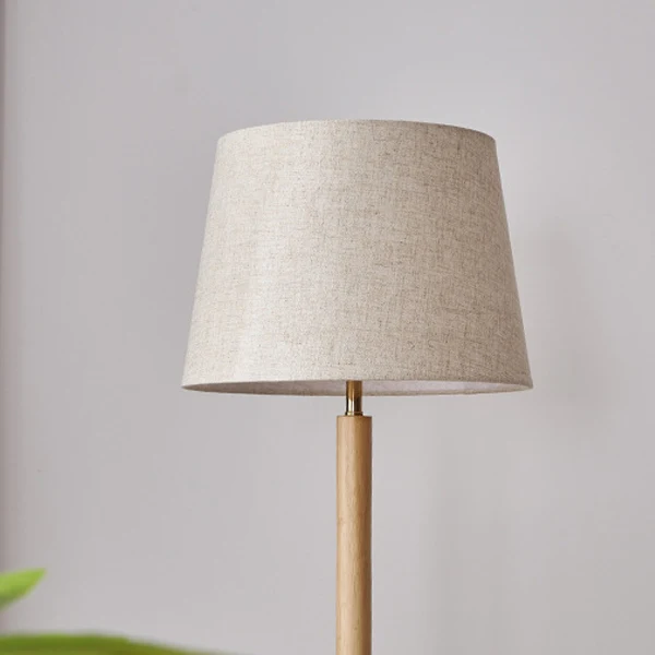 Traditional Vintage Cylinder Cone Pleated Cotton Linen Ash Wood Brass 1-Light Standing Floor Lamp For Living Room