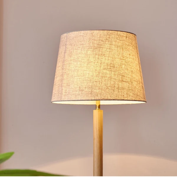 Traditional Vintage Cylinder Cone Pleated Cotton Linen Ash Wood Brass 1-Light Standing Floor Lamp For Living Room