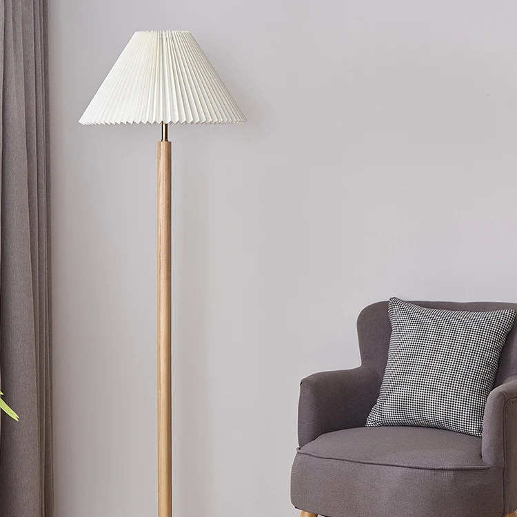 Traditional Vintage Cylinder Cone Pleated Cotton Linen Ash Wood Brass 1-Light Standing Floor Lamp For Living Room