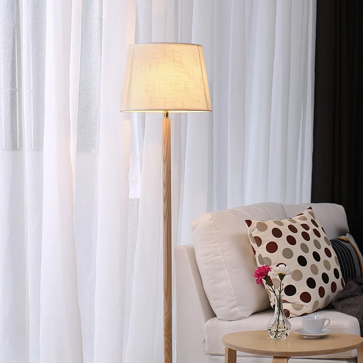 Traditional Vintage Cylinder Cone Pleated Cotton Linen Ash Wood Brass 1-Light Standing Floor Lamp For Living Room