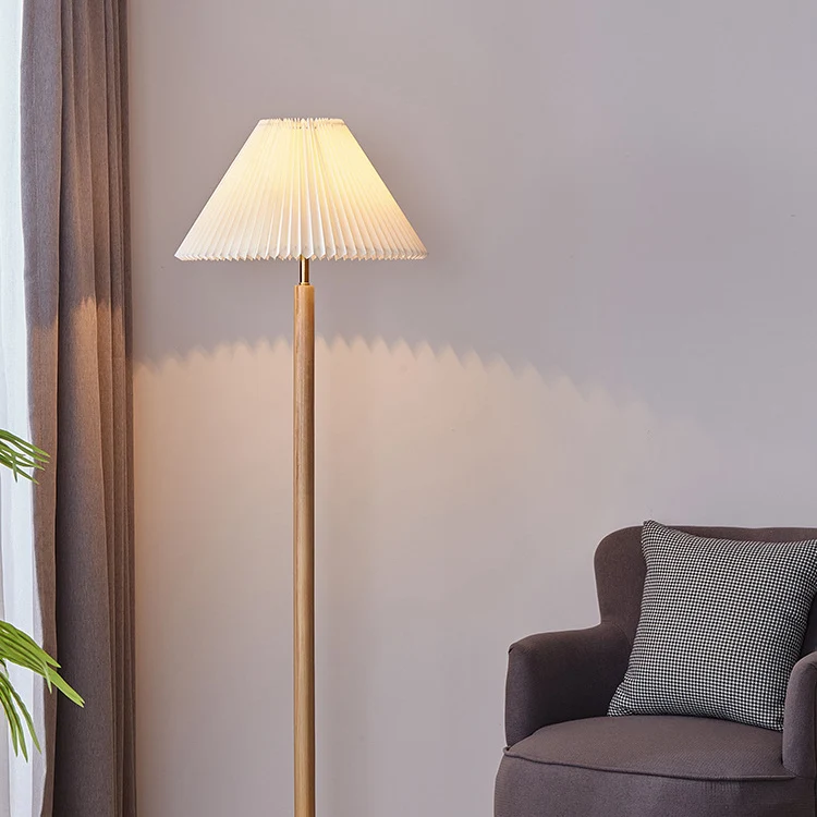 Traditional Vintage Cylinder Cone Pleated Cotton Linen Ash Wood Brass 1-Light Standing Floor Lamp For Living Room