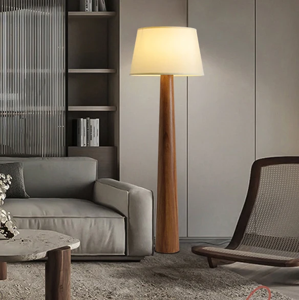 Traditional Vintage Round Cylinder Wood Fabric 1-Light Standing Floor Lamp For Living Room