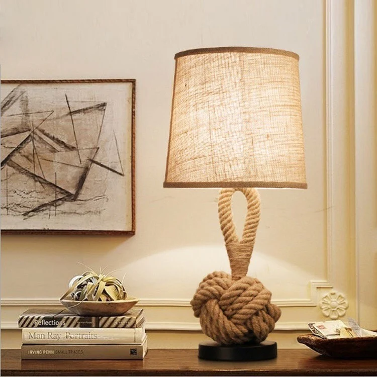 Contemporary Creative Nautical Twisted Rope Knot Drum Shape Fabric Iron 1-Light Table Lamp For Bedroom
