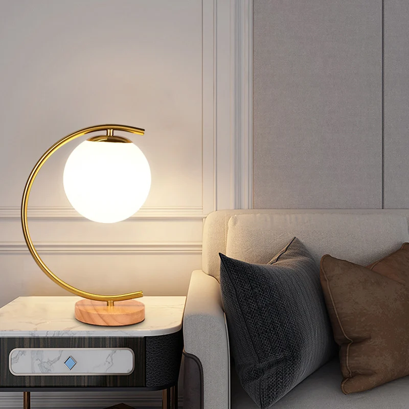 Contemporary Scandinavian Orb Curved Round Glass Iron Solid Wood 1-Light Table Lamp For Living Room