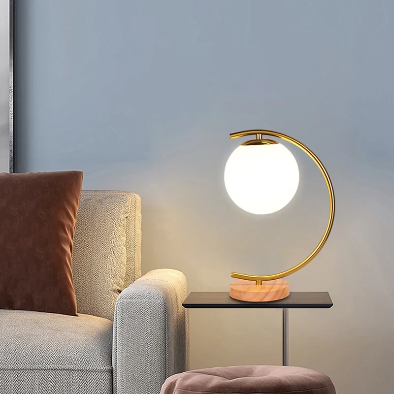 Contemporary Scandinavian Orb Curved Round Glass Iron Solid Wood 1-Light Table Lamp For Living Room