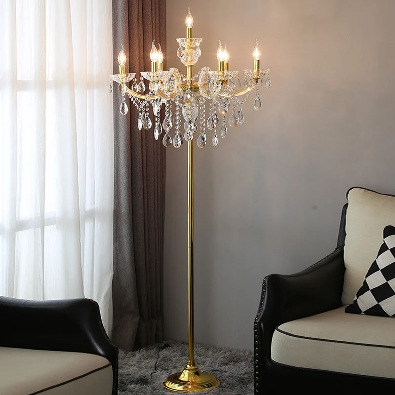 Traditional European Pleated Fabric Shade Hardware Crystal Candelabra 7-Light Standing Floor Lamp For Home Office