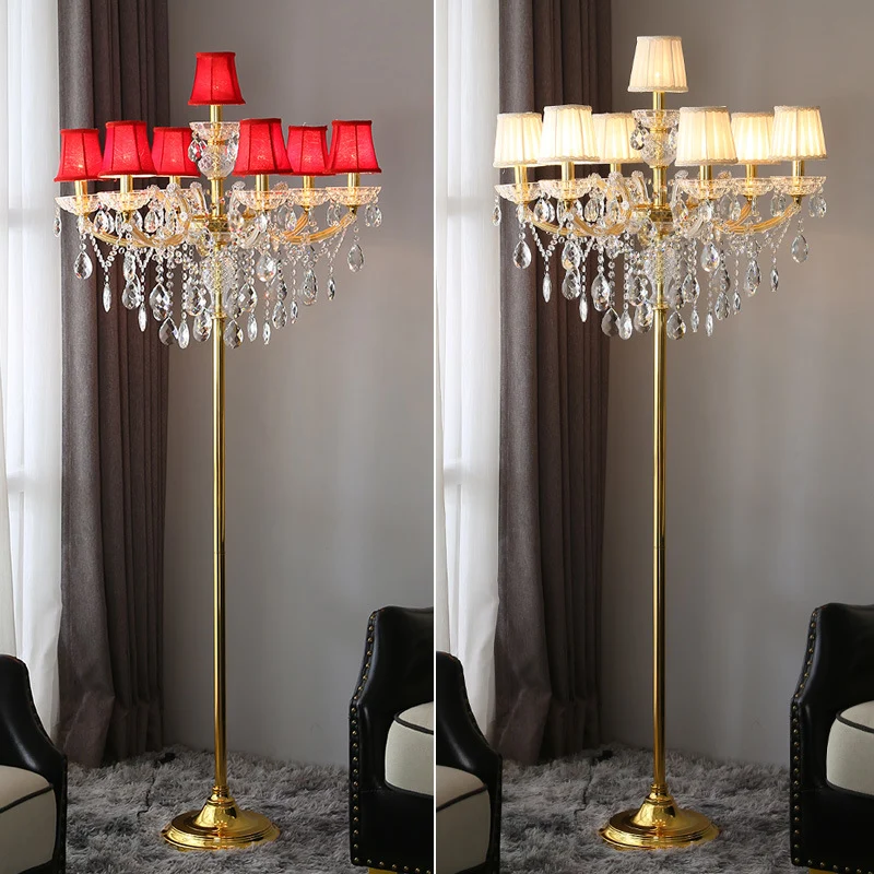 Traditional European Pleated Fabric Shade Hardware Crystal Candelabra 7-Light Standing Floor Lamp For Home Office