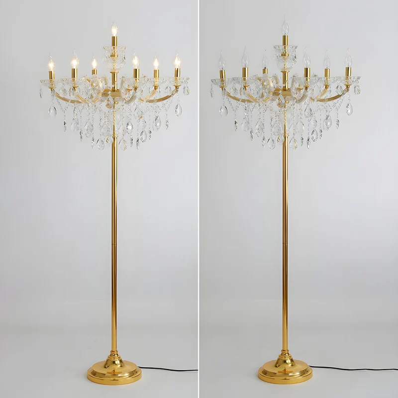 Traditional European Pleated Fabric Shade Hardware Crystal Candelabra 7-Light Standing Floor Lamp For Home Office