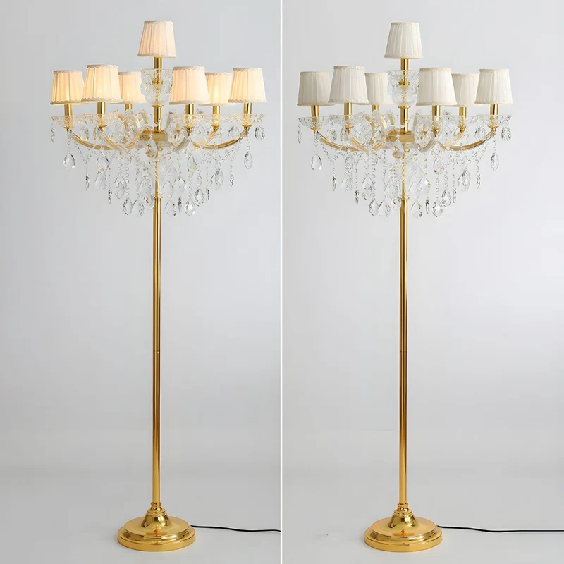 Traditional European Pleated Fabric Shade Hardware Crystal Candelabra 7-Light Standing Floor Lamp For Home Office