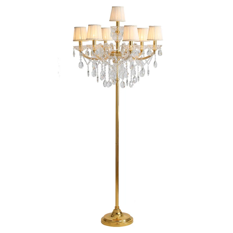 Traditional European Pleated Fabric Shade Hardware Crystal Candelabra 7-Light Standing Floor Lamp For Home Office