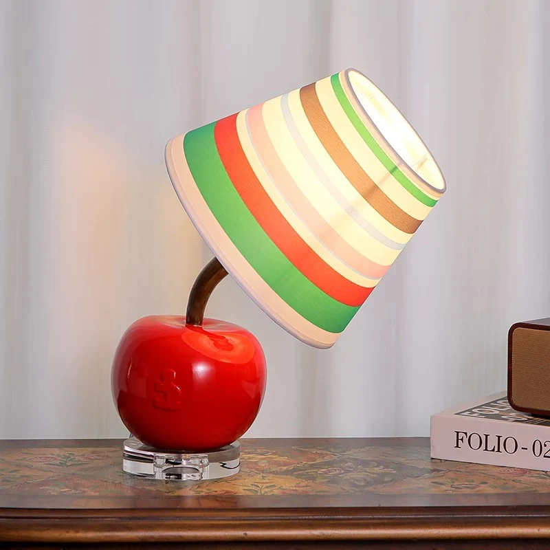 Contemporary Creative Cute Apple Rainbow Stripe Curved Ball Round Table Resin Hardware Fabric 1-Light Table Lamp For Bedroom
