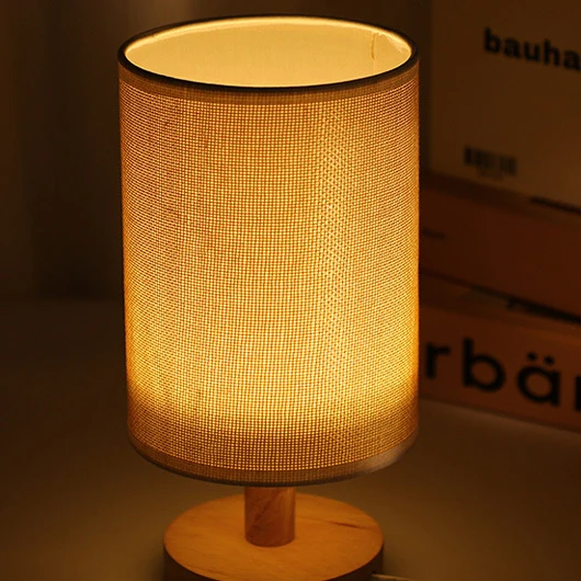 Modern Art Deco Cylindrical Wooden Base Fabric Shade LED Table Lamp For Bedroom