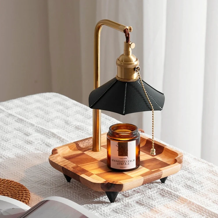 Contemporary Retro Hexagonal Umbrella Shape Wooden Base Brass Leather Shade 1-Light Aroma Melting Wax Table Lamp For Bedroom