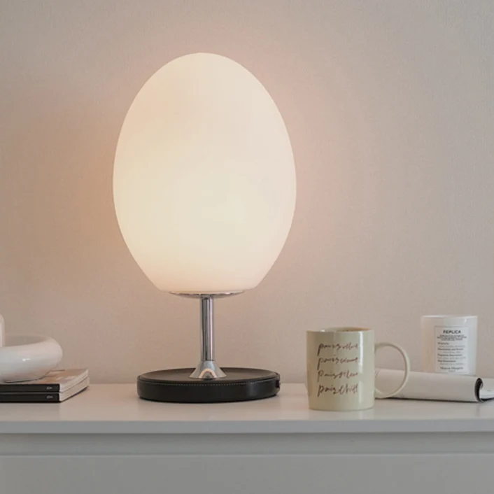 Modern Minimalist Egg Shape Metal Leather Base Glass Shade LED Table Lamp For Bedroom