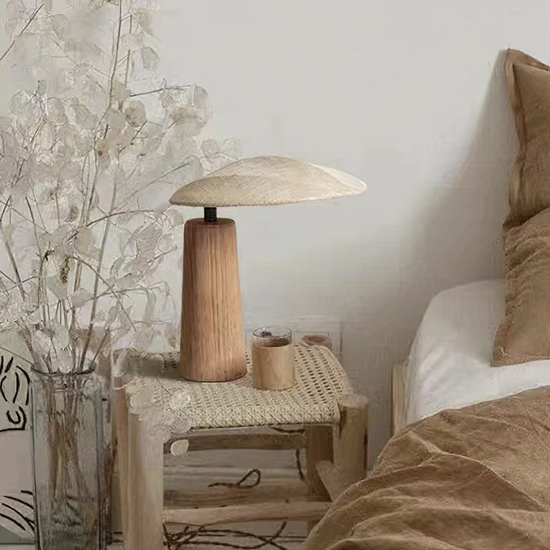 Traditional Japanese Oval Fabric Wood LED Table Lamp For Bedroom