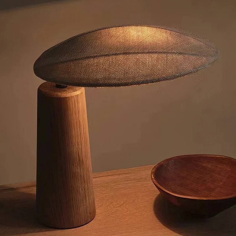 Traditional Japanese Oval Fabric Wood LED Table Lamp For Bedroom