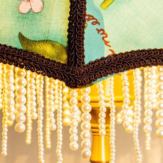 Traditional Vintage Dome Half Round Pearl Tassel Full Copper Fabric 1-Light Table Lamp For Bedroom
