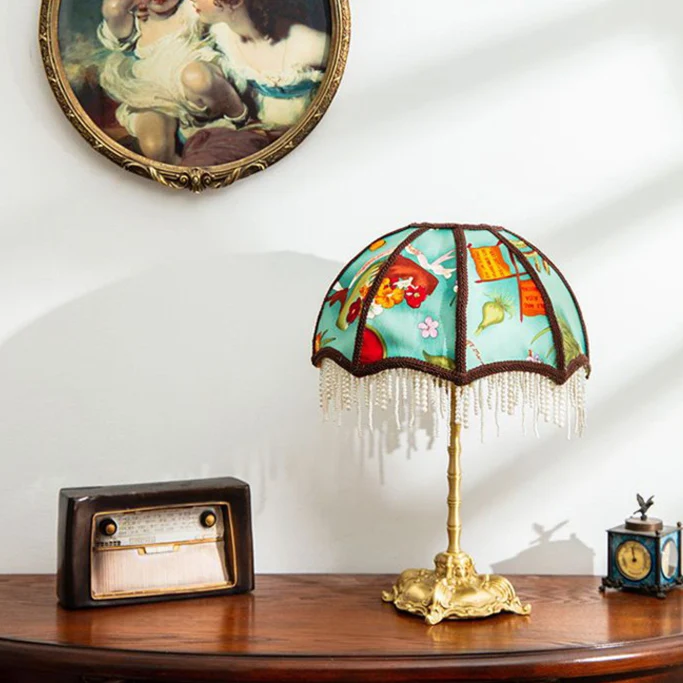 Traditional Vintage Dome Half Round Pearl Tassel Full Copper Fabric 1-Light Table Lamp For Bedroom