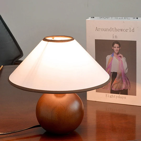 Traditional Vintage Round Table Ball Wooden Fabric 1-Light Table Lamp For Bedroom