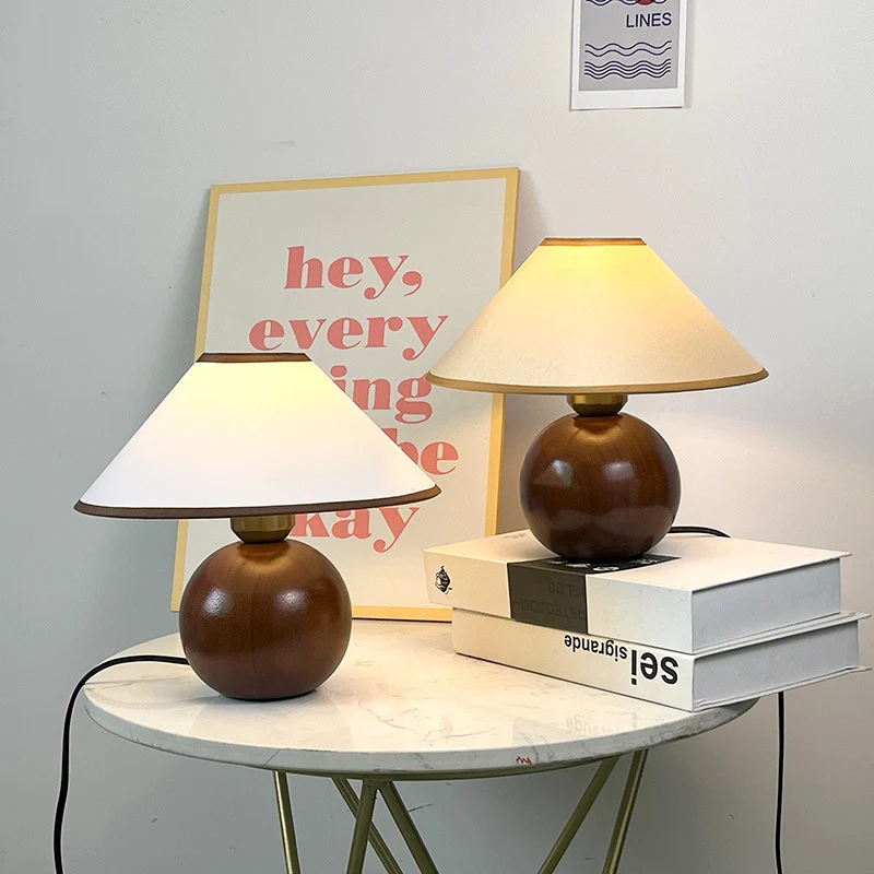Traditional Vintage Round Table Ball Wooden Fabric 1-Light Table Lamp For Bedroom