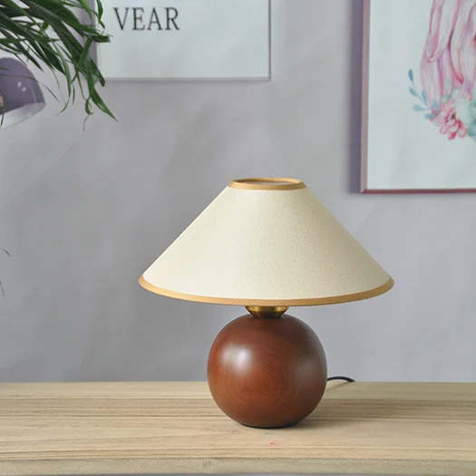 Traditional Vintage Round Table Ball Wooden Fabric 1-Light Table Lamp For Bedroom