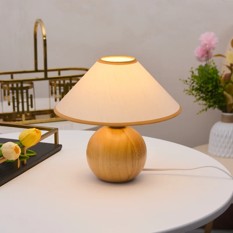 Traditional Vintage Round Table Ball Wooden Fabric 1-Light Table Lamp For Bedroom