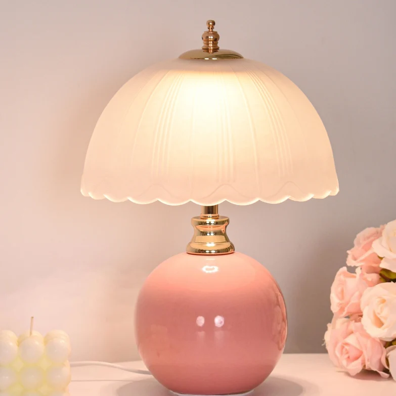 Contemporary Nordic Half Dome Flower Globe Base Iron Ceramic Glass 1-Light Table Lamp For Bedroom