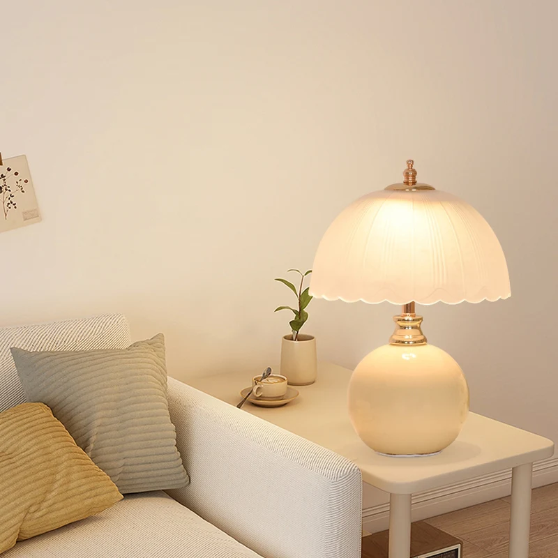 Contemporary Nordic Half Dome Flower Globe Base Iron Ceramic Glass 1-Light Table Lamp For Bedroom