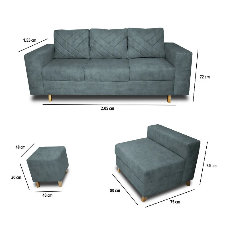 Sala Ámsterdam + Silla +Puff en Tela Amigable con Mascotas 205X72X155 cm Acero