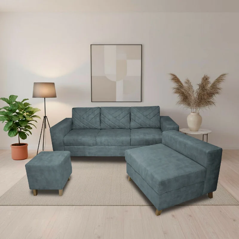 Sala Ámsterdam + Silla +Puff en Tela Amigable con Mascotas 205X72X155 cm Acero