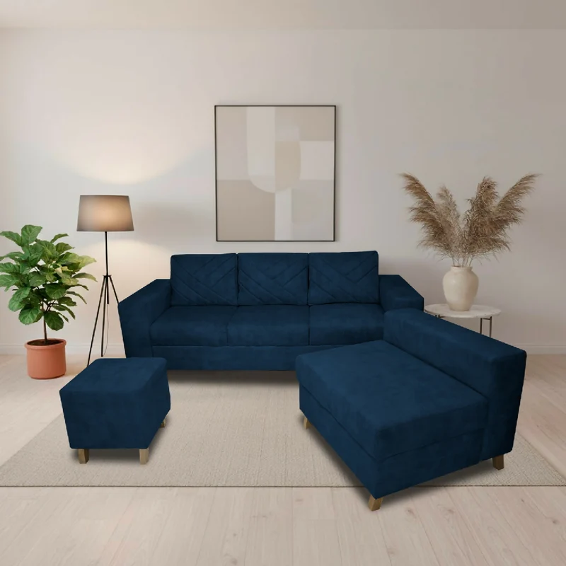 Sala Ámsterdam + Silla + Puff en Tela Amigable con Mascotas 205X72X155 cm Azul Petróleo