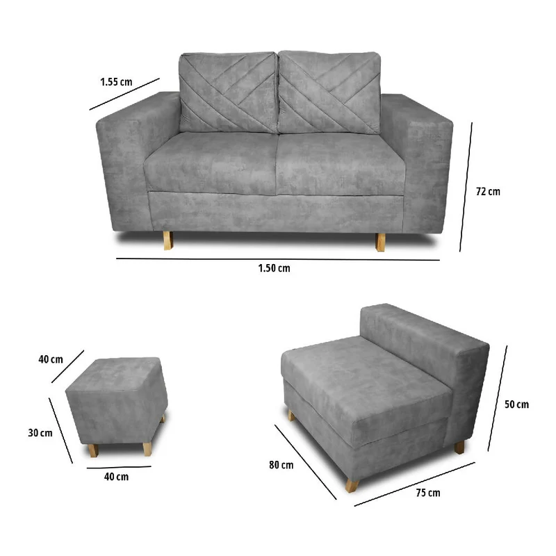Sala Ámsterdam + Silla + Puff en Tela Amigable con Mascotas 150X72X155 cm Gris