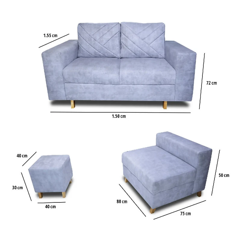 Sala Ámsterdam + Silla + Puff en Tela Amigable con Mascotas 150X72X155 cm Hielo